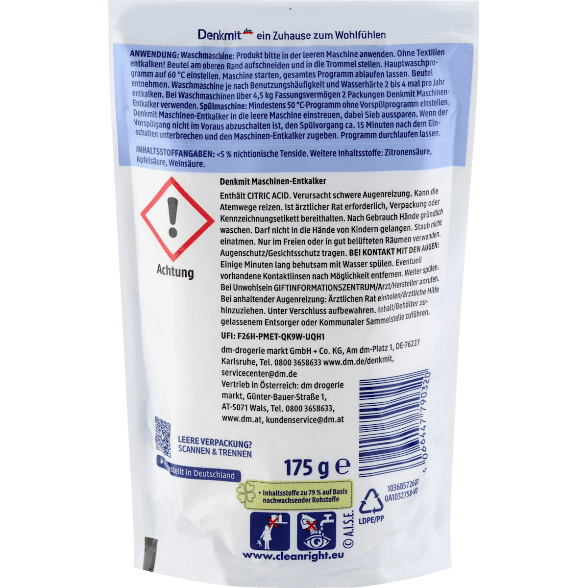 Denkmit Détartrant for Wasch & Spülmaschinen, 175 g (Denkmit Entkalker für Wasch- & Spülmaschinen, 175 g) — authentic German product in Morocco