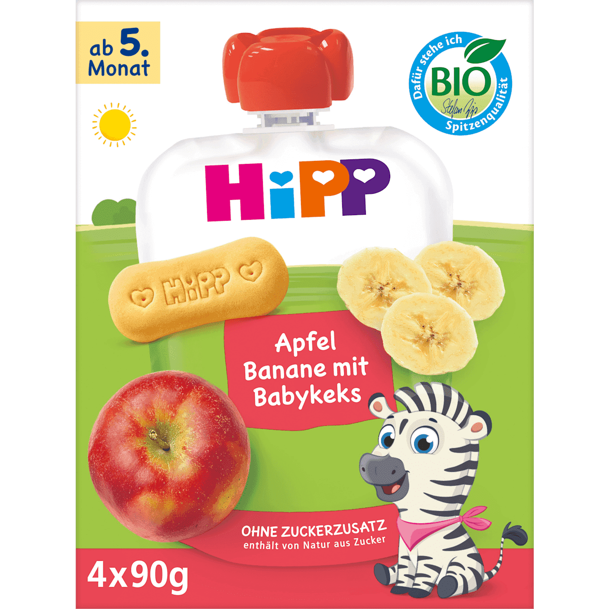 HiPP Quetschie apple-banana & biscuit baby from 4 months (4x90 g), 360 g — authentic German product in Morocco