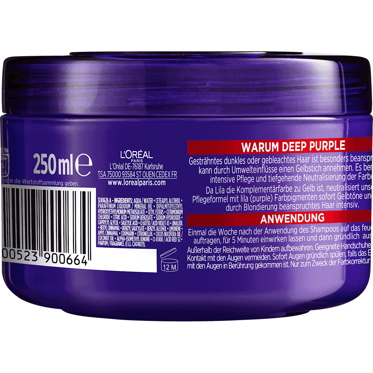 L'ORÉAL PARiS ELVITAL Masque cheveux Color Glanz Purple, 250 ml (L'ORÉAL PARiS ELVITAL Haarkur Color Glanz Purple, 250 ml) — منتج ألماني أصلي في المغرب