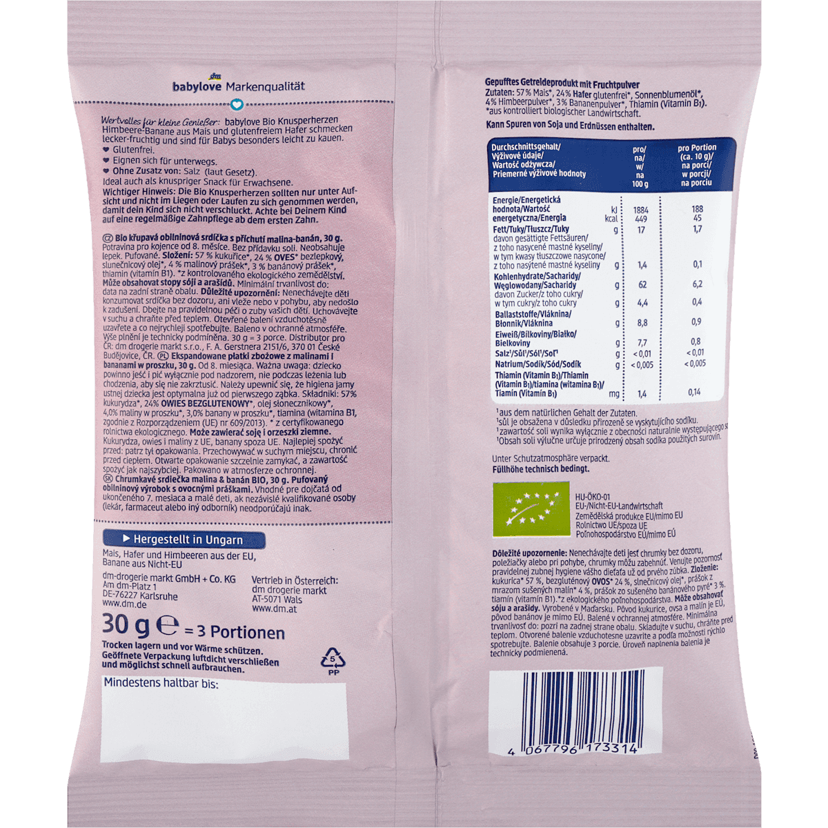 Babylove Babysnack cœurs croustillants framboise banane, dès 8 mois, 30 g (Babylove Babysnack Knusperherzen Himbeere Banane, ab dem 8. Monat, 30 g) — produit allemand authentique au Maroc