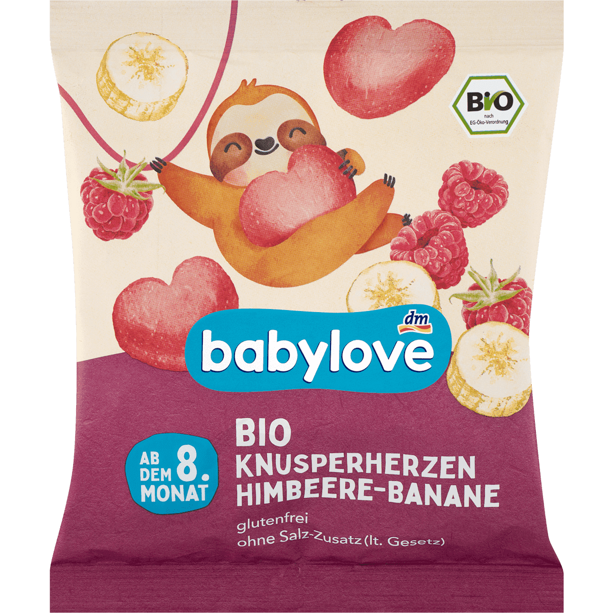 Babylove Babysnack cœurs croustillants framboise banane, dès 8 mois, 30 g — produit allemand authentique au Maroc