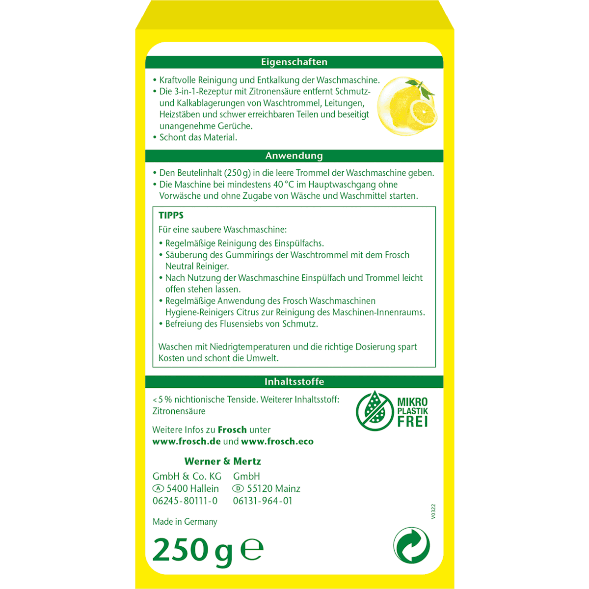 Frosch Cleanser sanitary laver Machine Citrus, 250 g (Frosch Hygienereiniger Waschmaschine Citrus, 250 g) — authentic German product in Morocco