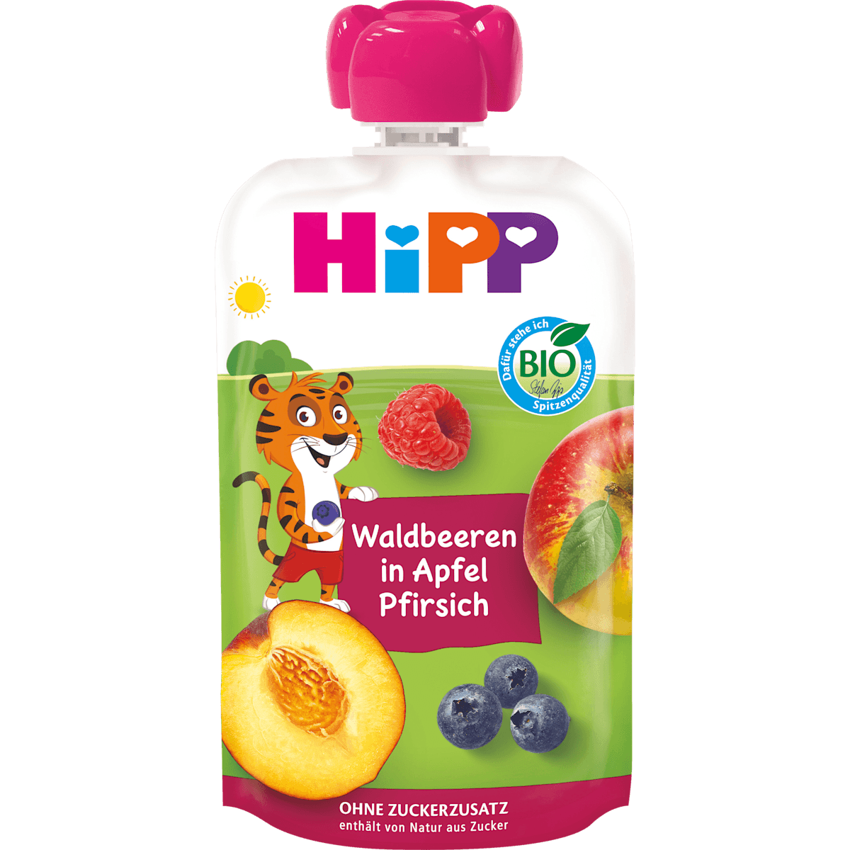 HiPP Quetschie Waldbeeren in pomme Pfirsich dès 1 an, 100 g (HiPP Quetschie Waldbeeren in Apfel Pfirsich ab 1 Jahr, 100 g) — منتج ألماني أصلي في المغرب