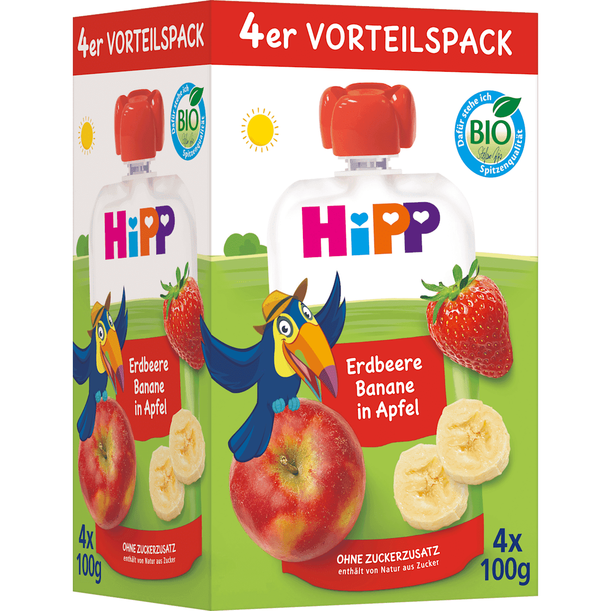 HiPP Quetschie Hippis fraise-Banane in pomme dès 1 an (4x100 g), 400 g (HiPP Quetschie Hippis Erdbeere-Banane in Apfel ab 1 Jahr (4x100 g), 400 g) — منتج ألماني أصلي في المغرب