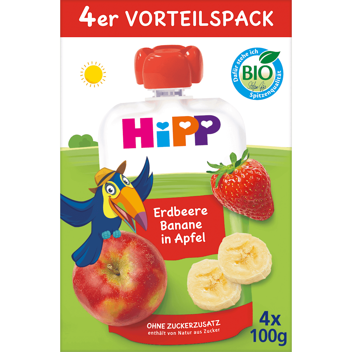 HiPP Quetschie Hippis fraise-Banane in pomme dès 1 an (4x100 g), 400 g — منتج ألماني أصلي في المغرب
