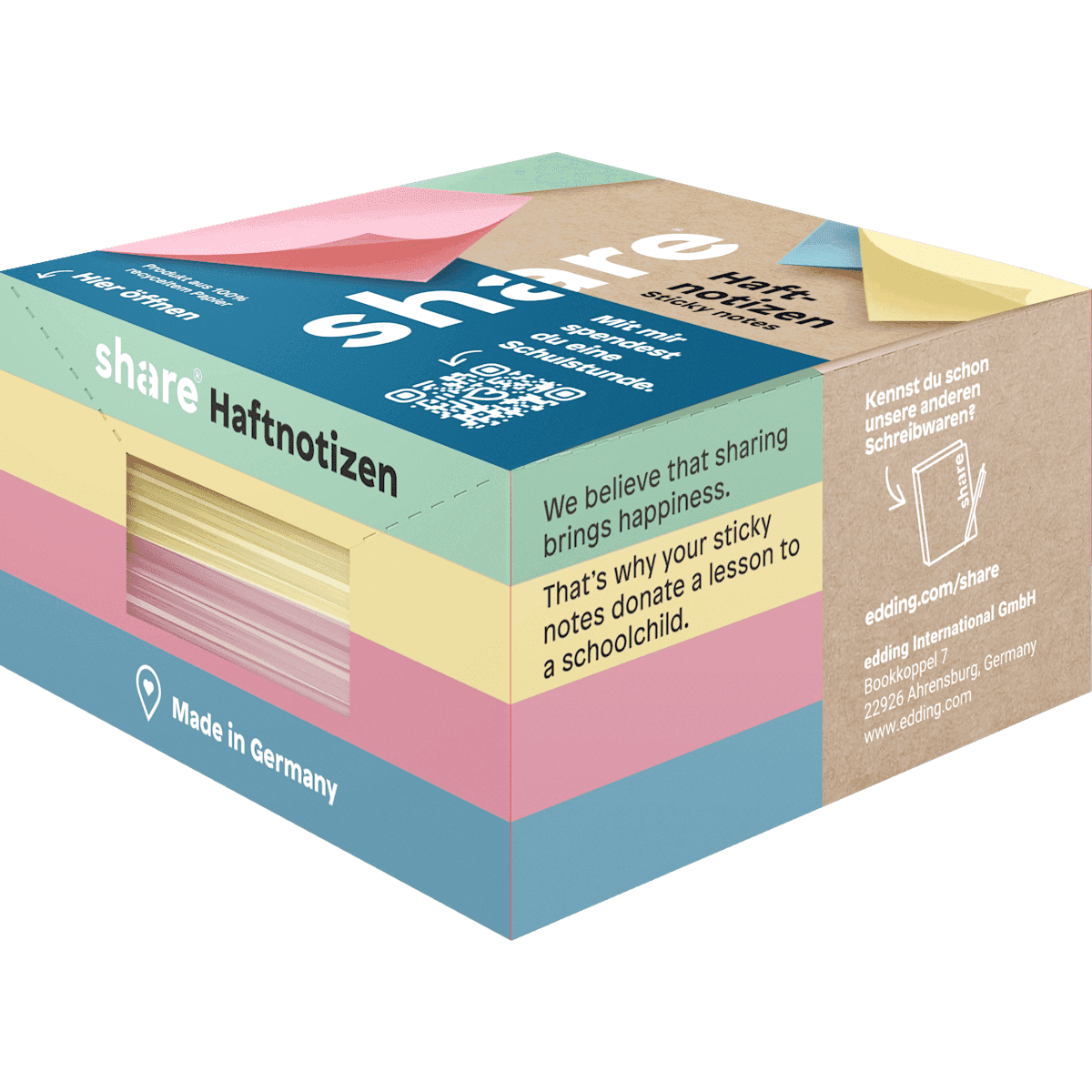 share Bloc de notes adhésives pastel 400 feuilles, 1 pièce (share Haftnotizblock Pastell 400 Blatt, 1 St) — produit allemand authentique au Maroc