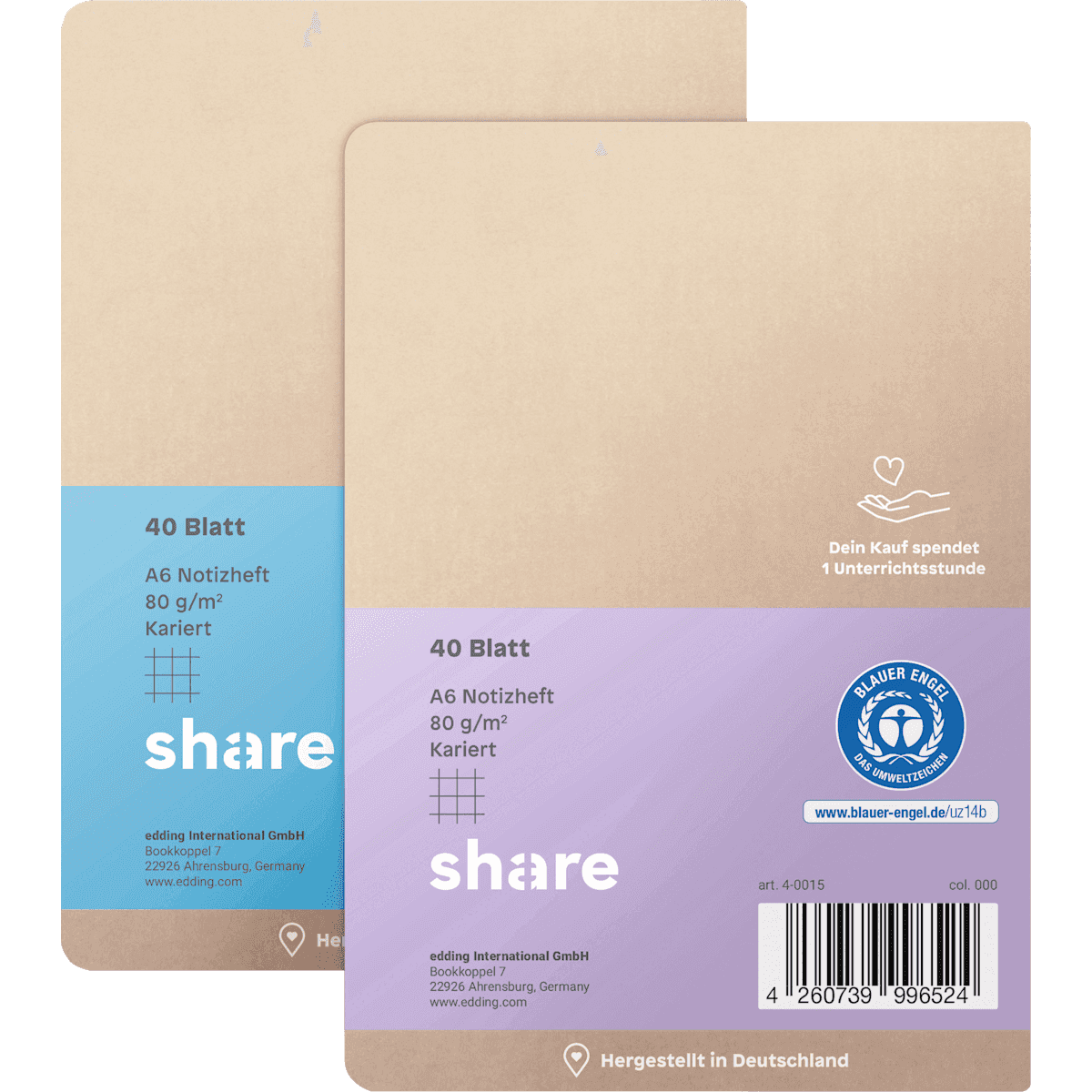 share Carnet A6 à carreaux 40 feuilles, 1 pièce (share Notizheft A6 kariert 40 Blatt, 1 St) — produit allemand authentique au Maroc