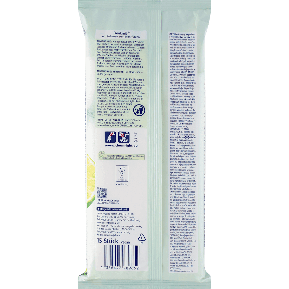 Denkmit Lingettes sol humides citron vert & basilic, 15 pièces (Denkmit Feuchte Bodentücher Limette & Basilikum, 15 St) — produit allemand authentique au Maroc