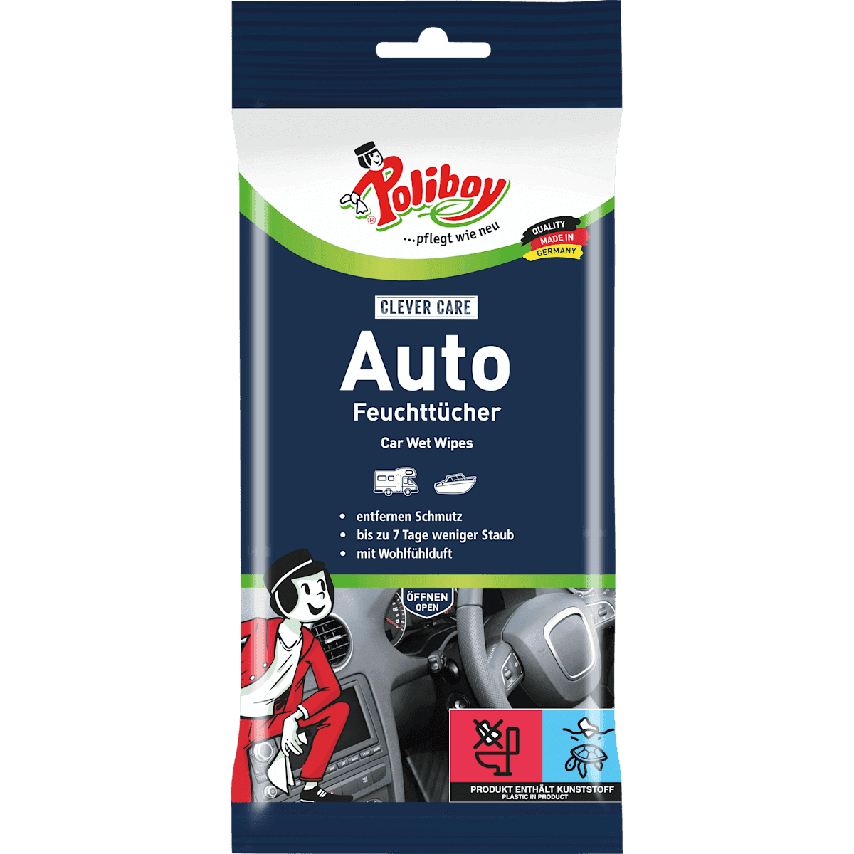 Poliboy Lingettes nettoyantes pour entretien auto, 20 pièces (Poliboy Feuchte Reinigungstücher für Autopflege, 20 St) — produit allemand authentique au Maroc