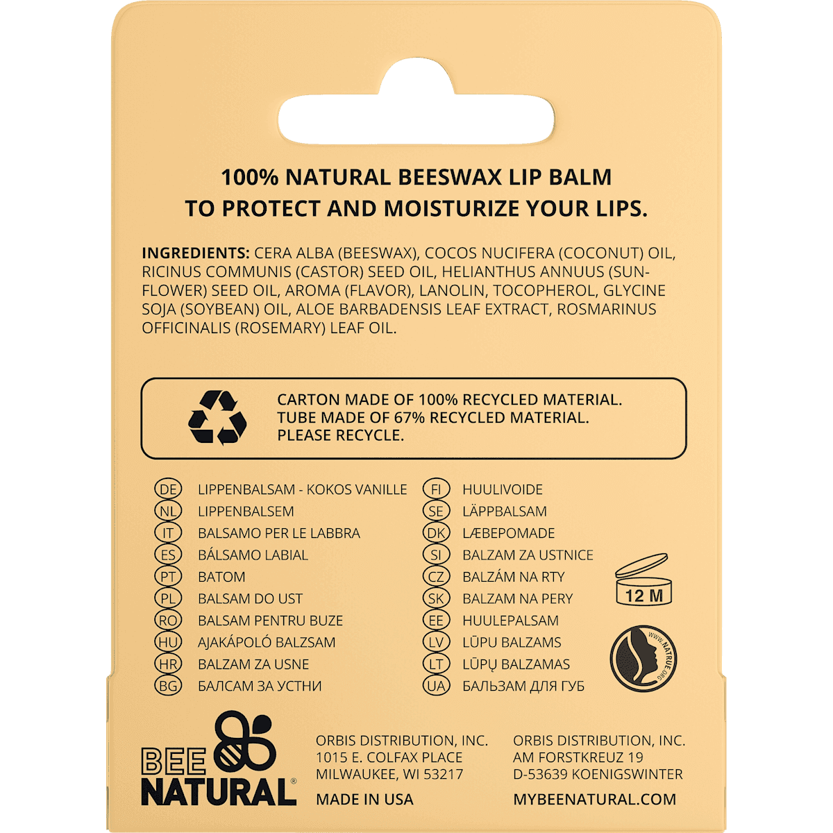 BEE NATURAL Soin des lèvres coco vanille, 4,2 g (BEE NATURAL Lippenpflege Kokos Vanille, 4,2 g) — produit allemand authentique au Maroc
