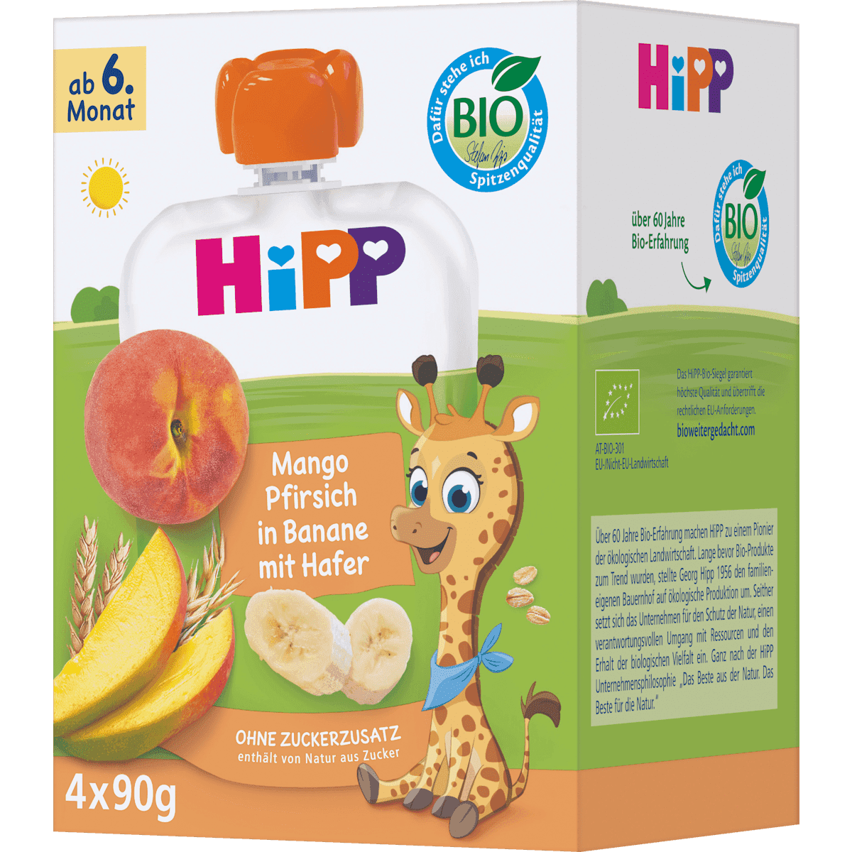 HiPP Quetschie Mango, Pfirsich in Banane avec Hafer dès 6 mois (4x90 g), 360 g (HiPP Quetschie Mango, Pfirsich in Banane mit Hafer ab dem 6. Monat (4x90 g), 360 g) — منتج ألماني أصلي في المغرب