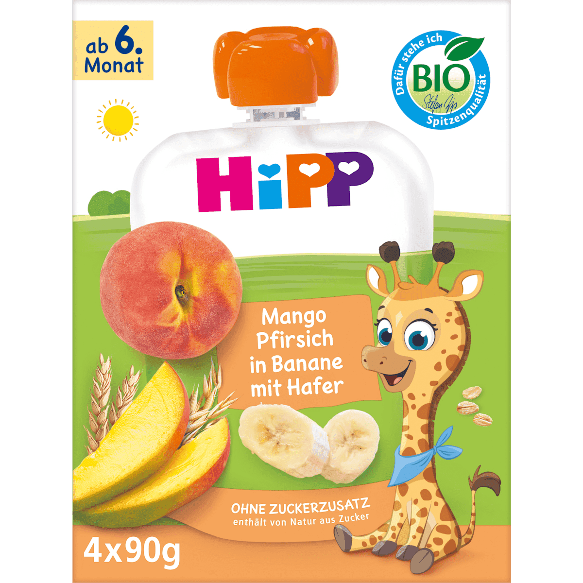 HiPP Quetschie Mango, Pfirsich in Banane avec Hafer dès 6 mois (4x90 g), 360 g (HiPP Quetschie Mango, Pfirsich in Banane mit Hafer ab dem 6. Monat (4x90 g), 360 g) — منتج ألماني أصلي في المغرب