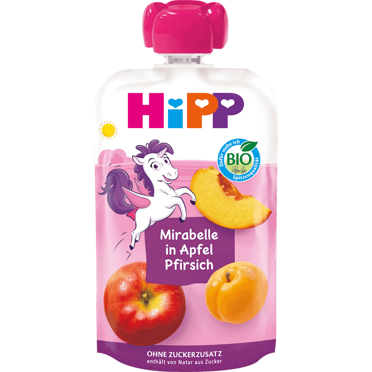 HiPP Quetschie Mirabelle in pomme-Pfirsich dès 1 an, 100 g (HiPP Quetschie Mirabelle in Apfel-Pfirsich ab 1 Jahr, 100 g) — منتج ألماني أصلي في المغرب