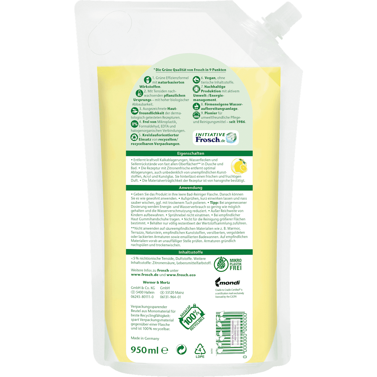 Frosch Nettoyant salle de bain Citrus recharge, 950 ml (Frosch Bad-Reiniger Citrus Nachfüllpack, 950 ml) — produit allemand authentique au Maroc