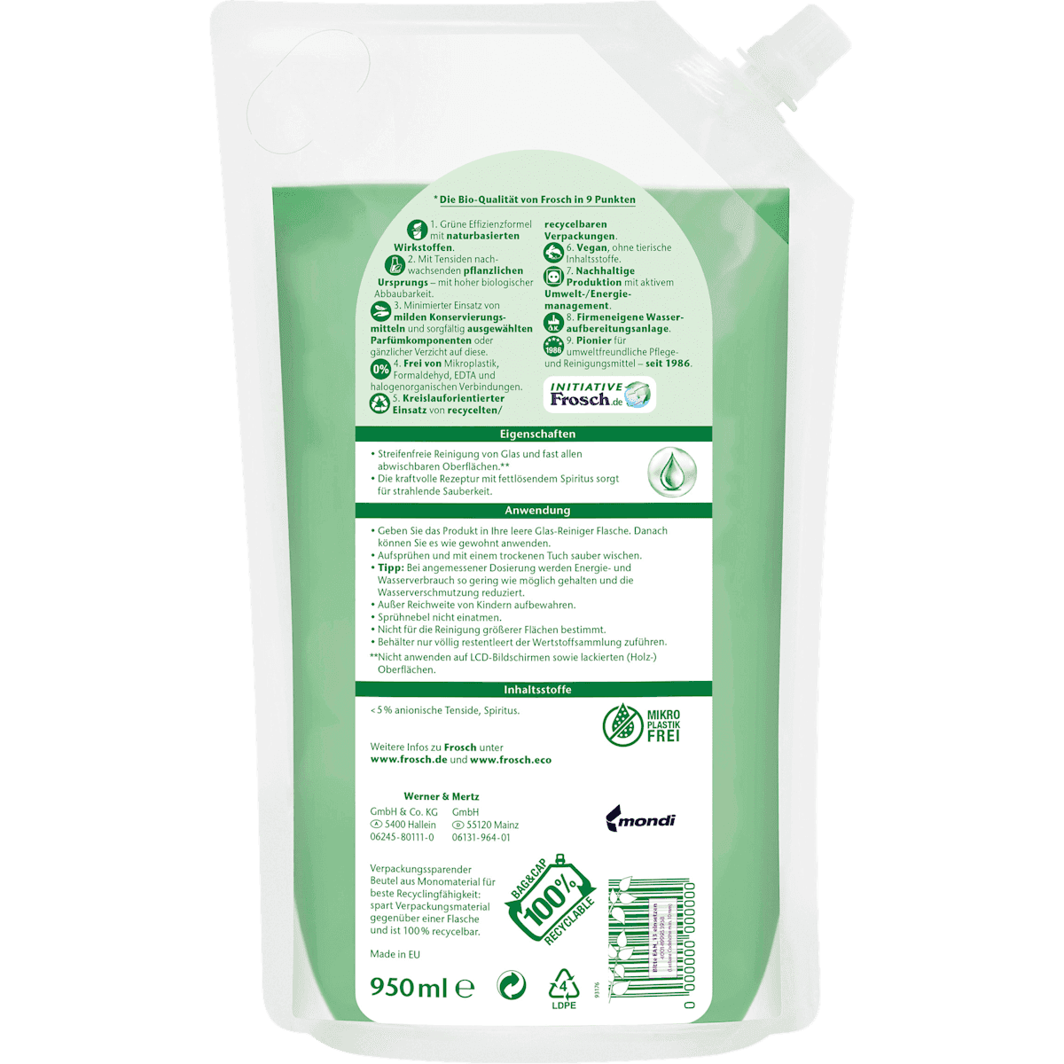 Frosch Cleanser vitres Spiritus refill, 950 ml (Frosch Glasreiniger Spiritus Nachfüllpack, 950 ml) — authentic German product in Morocco