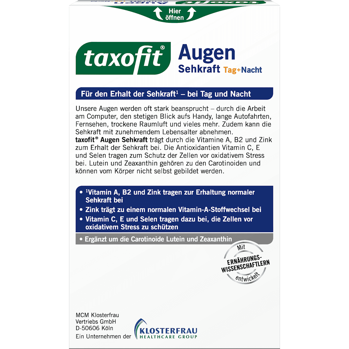 taxofit Yeux Sehkraft Tag+Nuit gélules 30 pièces, 15,3 g (taxofit Augen Sehkraft Tag+Nacht Kapseln 30 St, 15,3 g) — produit allemand authentique au Maroc