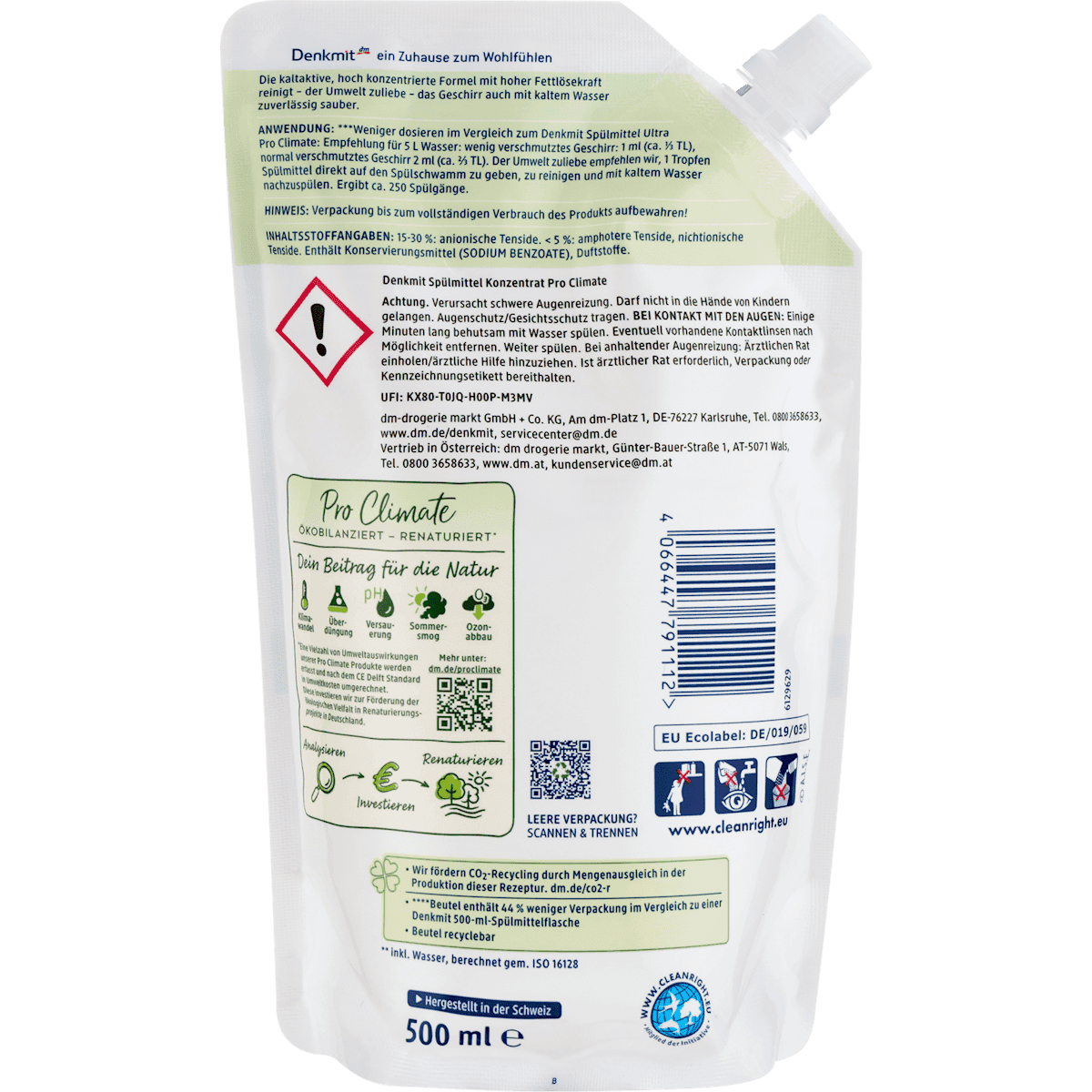Denkmit Liquide vaisselle Concentré Pro Climate, 500 ml (Denkmit Spülmittel Konzentrat Pro Climate, 500 ml) — produit allemand authentique au Maroc