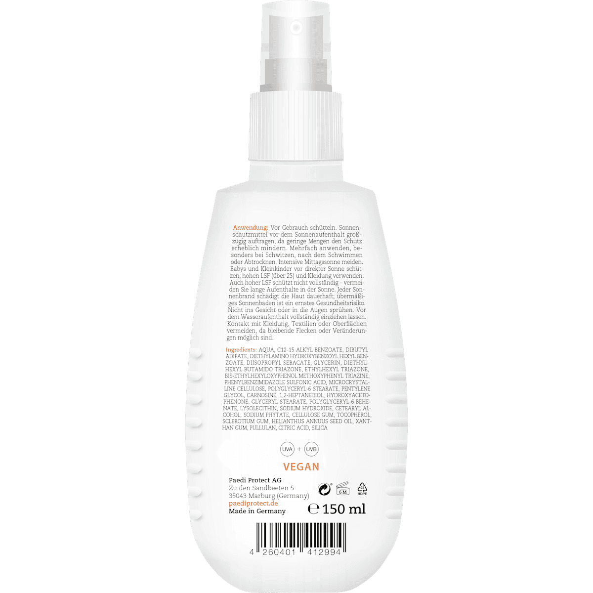 PAEDIPROTECT Spray solaire LSF 50+, sans parfum, 150 ml (PAEDIPROTECT Sonnenspray LSF 50+, parfümfrei, 150 ml) — produit allemand authentique au Maroc