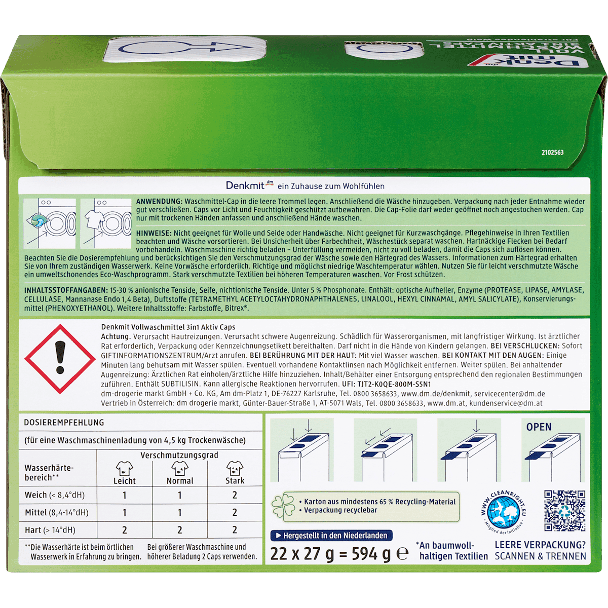 Denkmit Lessive universelle 3in1 capsules actives, 22 lavages (Denkmit Vollwaschmittel 3in1 Aktiv Caps, 22 Wl) — produit allemand authentique au Maroc