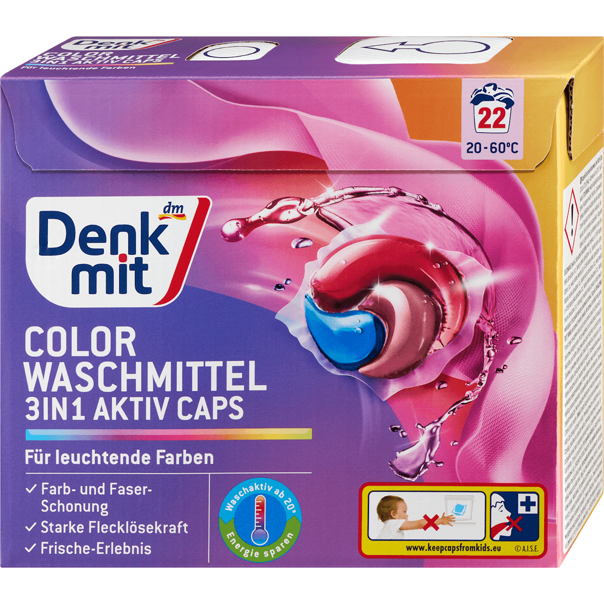 Denkmit Lessive couleurs 3in1 capsules actives, 22 lavages — produit allemand authentique au Maroc