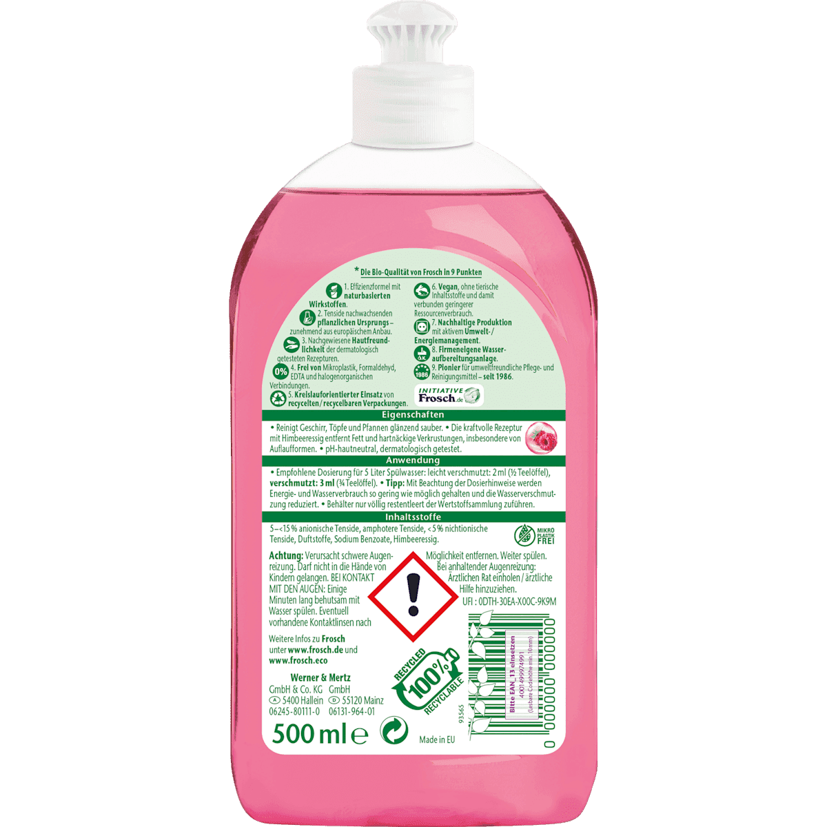 Frosch Gel vaisselle framboise, 500 ml (Frosch Spülmittel-Gel Himbeer, 500 ml) — produit allemand authentique au Maroc