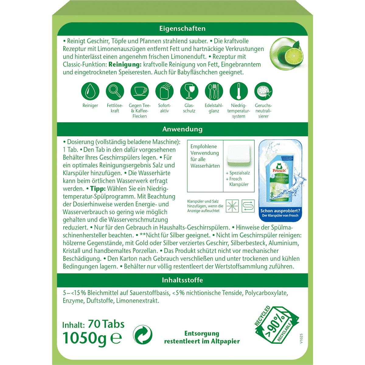 Frosch Tablettes lave-vaisselle Classic citron vert, 70 pièces (Frosch Spülmaschinen-Tabs Classic Limone, 70 St) — produit allemand authentique au Maroc