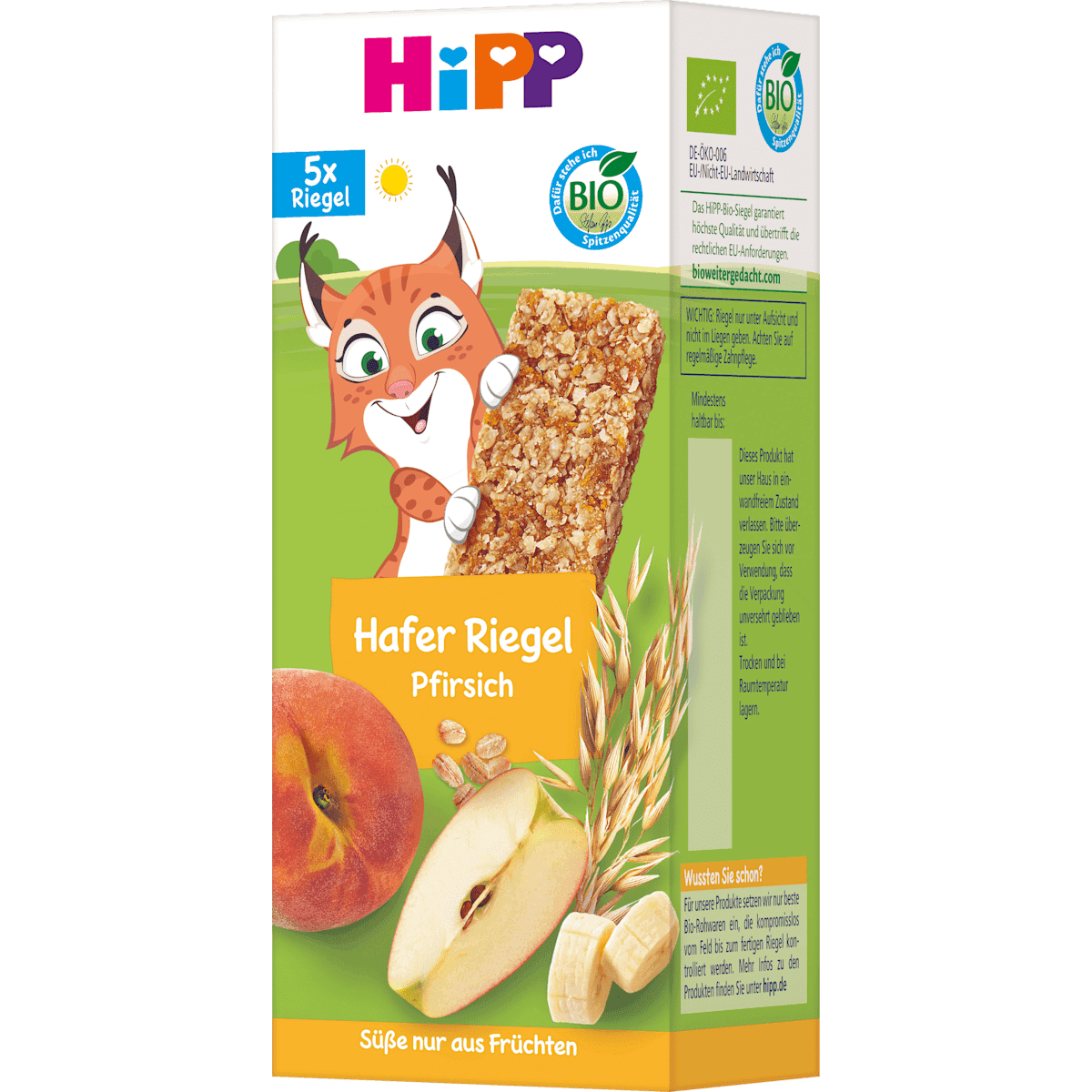 HiPP Fruchtriegel Hafer Pfirsich, dès 3 ans (5x20 g), 100 g (HiPP Fruchtriegel Hafer Pfirsich, ab 3 Jahren (5x20 g), 100 g) — منتج ألماني أصلي في المغرب