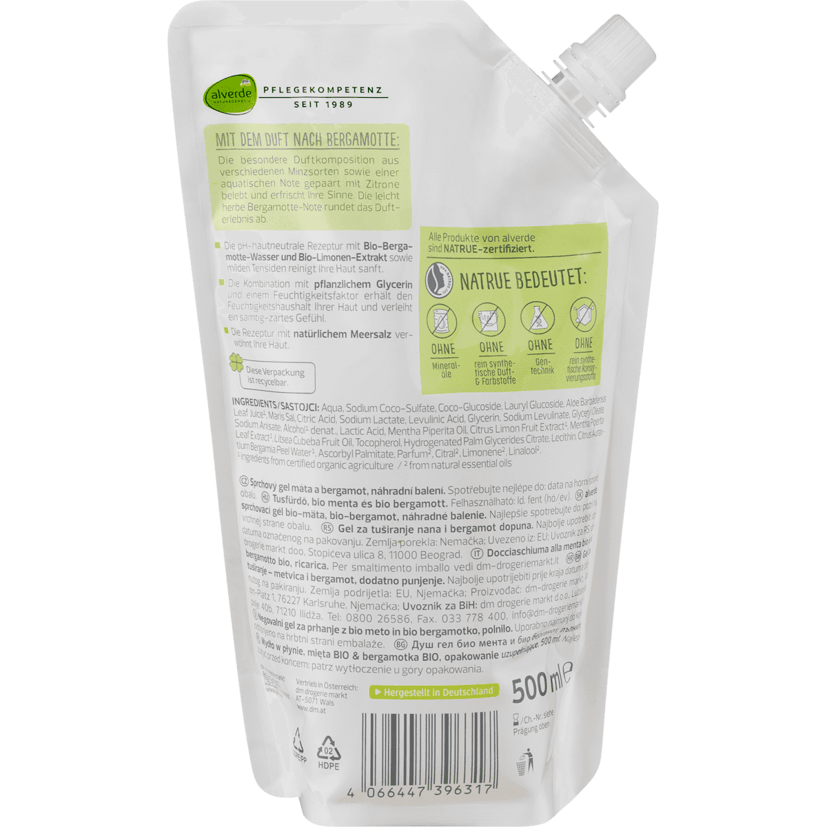 alverde NATURKOSMETIK Gel douche Zeit pour Glück menthe bergamote recharge, 500 ml (alverde NATURKOSMETIK Duschgel Zeit für Glück Minze Bergamotte Nachfüllbeutel, 500 ml) — produit allemand authentique au Maroc