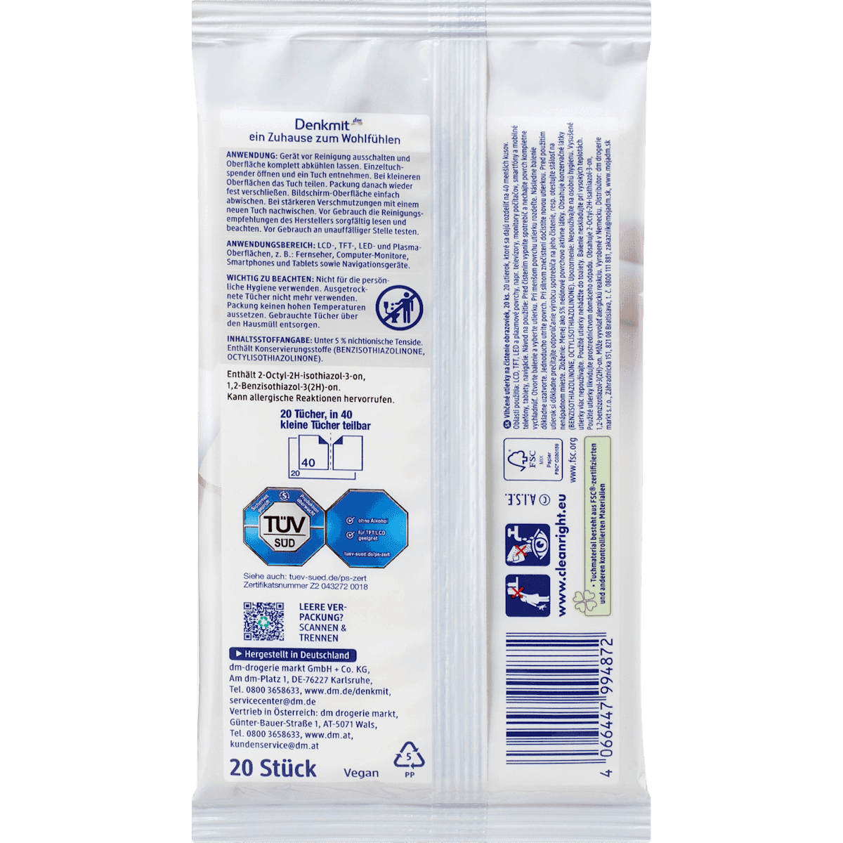 Denkmit Wipes cleansing for Bildschirm, 20 pcs (Denkmit Feuchte Reinigungstücher für Bildschirm, 20 St) — authentic German product in Morocco