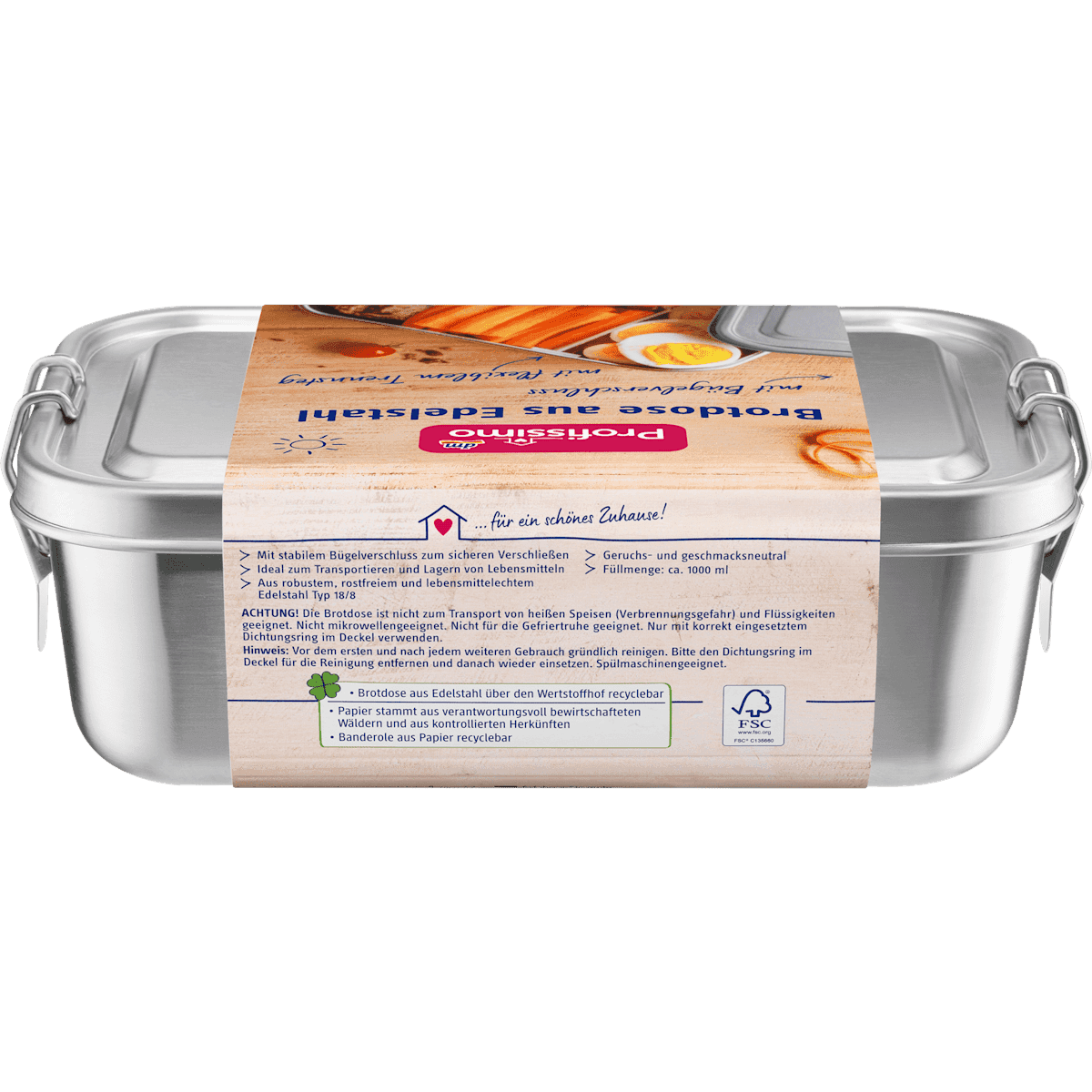 Profissimo snack Box in stainless steel with clip fermeture, 1 pc (Profissimo Brotdose aus Edelstahl mit Bügelverschluss, 1 St) — authentic German product in Morocco