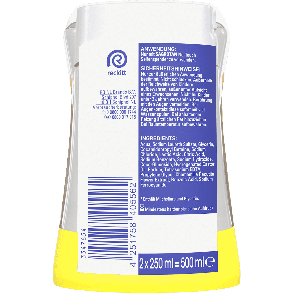 Sagrotan Soap liquid No Touch chamomile Hydra Care, refill (2x250 ml), 500 ml (Sagrotan Flüssigseife No Touch Kamille Hydra Care, Nachfüllpack (2x250 ml), 500 ml) — authentic German product in Morocco