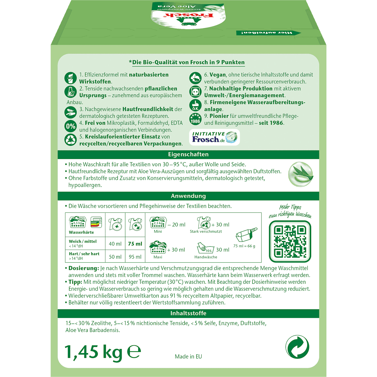Frosch Lessive universal powder aloe vera Sensitive, 22 lavages (Frosch Vollwaschmittel Pulver Aloe Vera Sensitive, 22 Wl) — authentic German product in Morocco