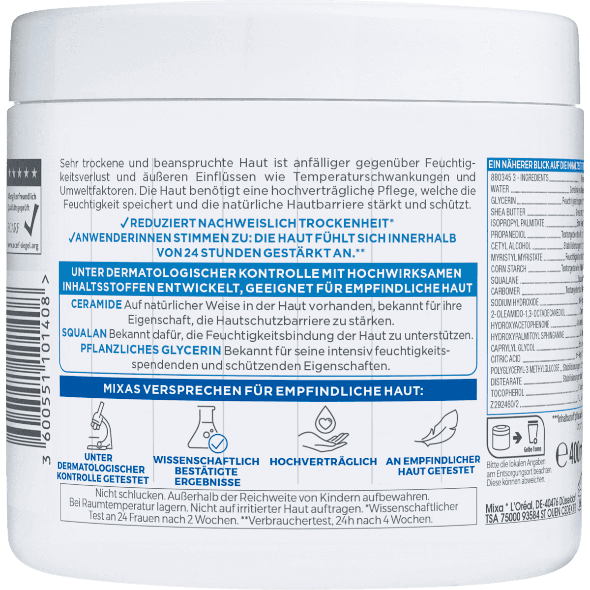 Mixa Cream moisturising Céramide Protect, 400 ml (Mixa Pflegecreme Ceramide Protect, 400 ml) — authentic German product in Morocco