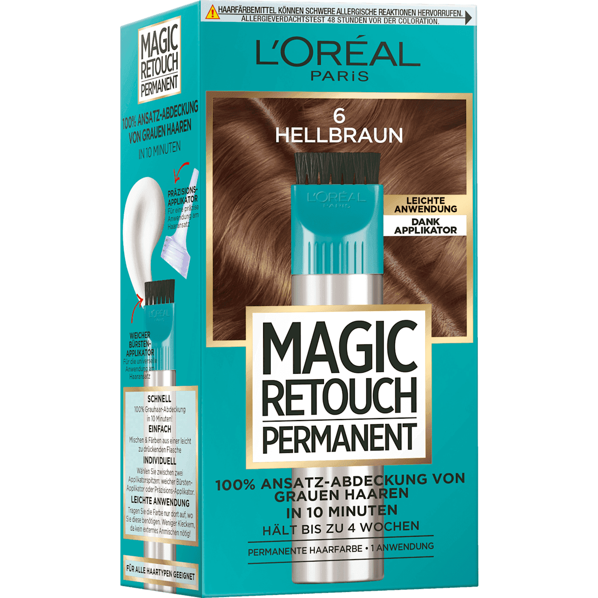 L'ORÉAL PARiS MAGIC RETOUCH Kit retouche racines pour cheveux blancs, 6 châtain clair, 1 pièce (L'ORÉAL PARiS MAGIC RETOUCH Ansatzset zur Abdeckung von grauem Haar, 6 Hellbraun, 1 St) — produit allemand authentique au Maroc