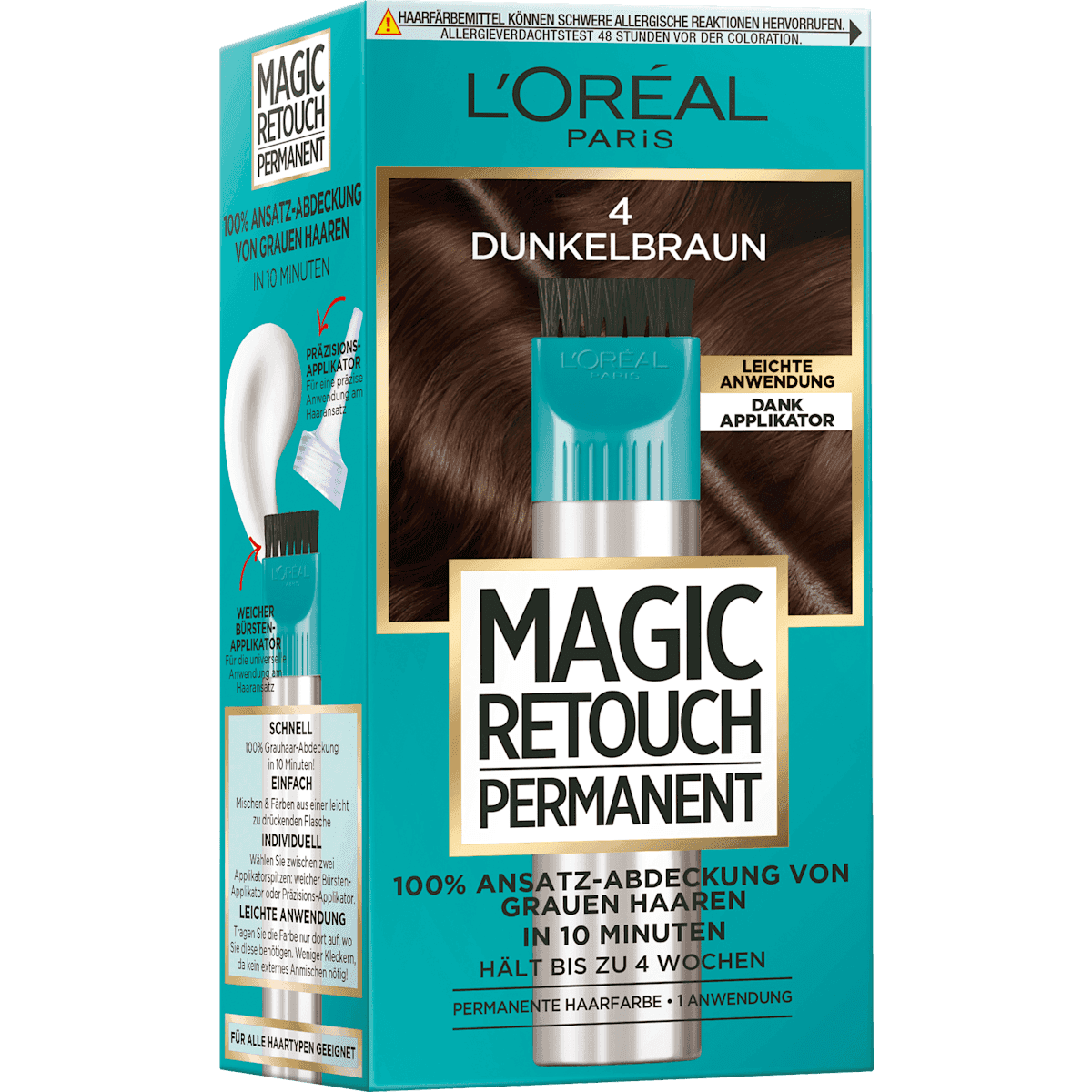 L'ORÉAL PARiS MAGIC RETOUCH Kit retouche racines pour cheveux blancs, 4 châtain foncé, 1 pièce (L'ORÉAL PARiS MAGIC RETOUCH Ansatzset zur Abdeckung von grauem Haar, 4 Dunkelbraun, 1 St) — produit allemand authentique au Maroc