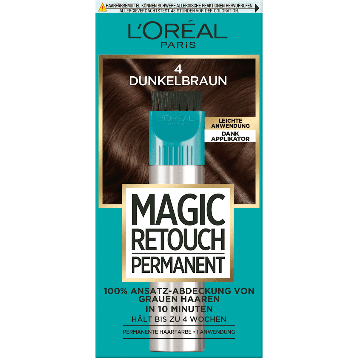 L'ORÉAL PARiS MAGIC RETOUCH Kit retouche racines pour cheveux blancs, 4 châtain foncé, 1 pièce — produit allemand authentique au Maroc