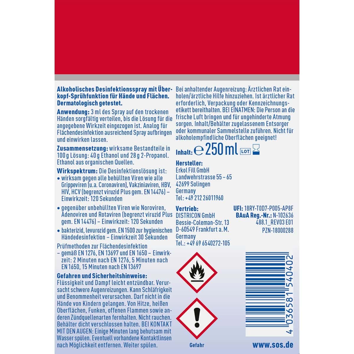 SOS disinfectant spray Intense hands & surfaces, 250 ml (SOS Desinfektionsspray Intense Hand & Fläche, 250 ml) — authentic German product in Morocco