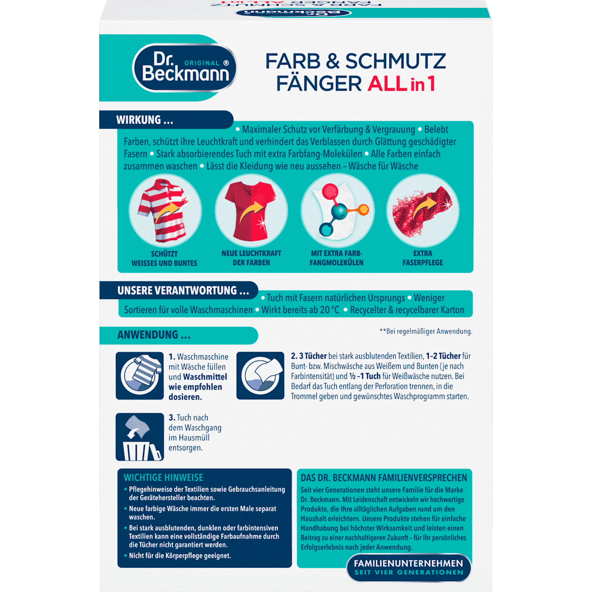 Dr. Beckmann Lingettes anti-décoloration 3in1, 40 pièces (Dr. Beckmann Farb- und Schmutzfangtücher 3in1, 40 St) — produit allemand authentique au Maroc