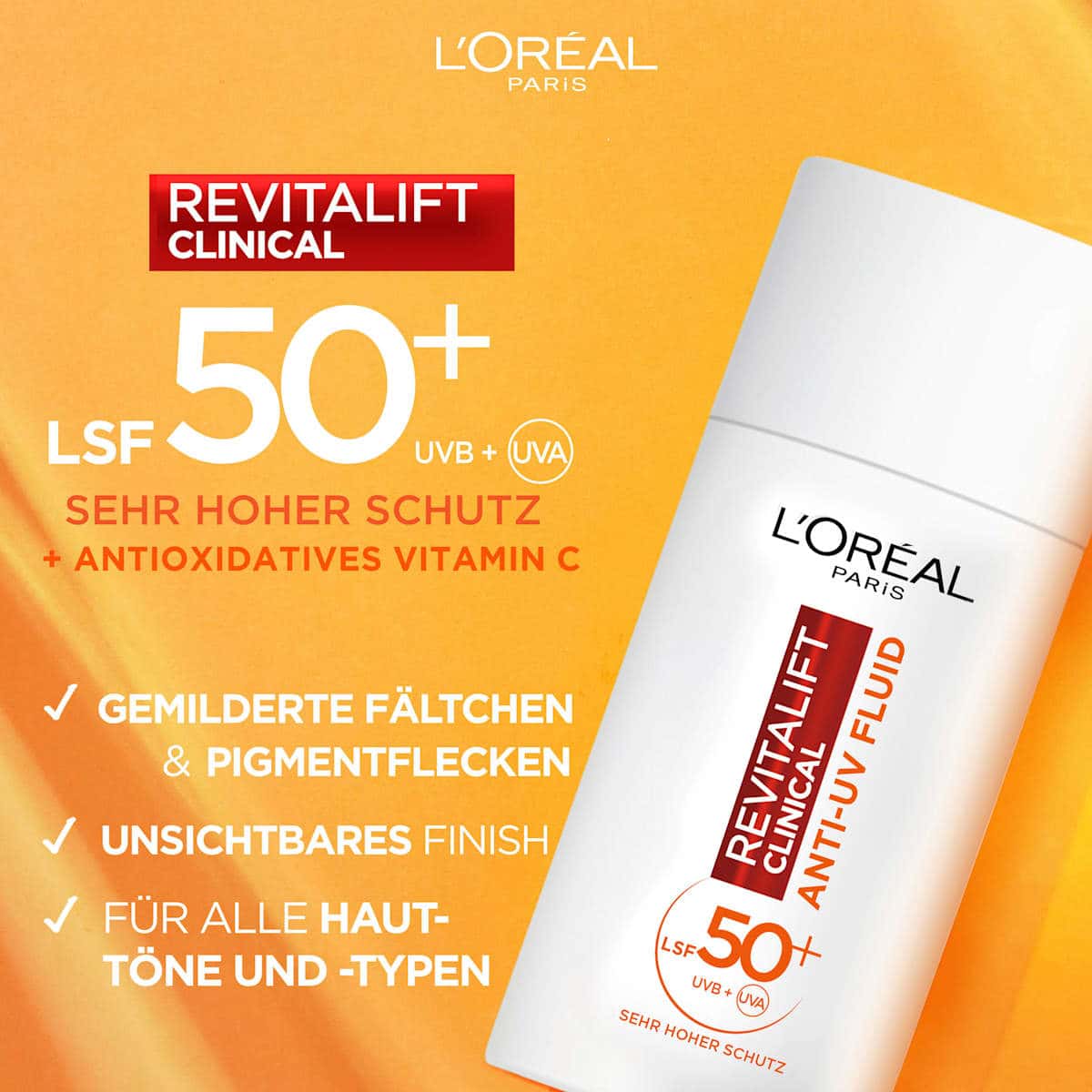 L'ORÉAL PARiS REVITALIFT Fluid face Revitalift Clinical, Vitamin C, LSF 50+, 50 ml (L'ORÉAL PARiS REVITALIFT Gesichtsfluid Revitalift Clinical, Vitamin C, LSF 50+, 50 ml) — authentic German product in Morocco