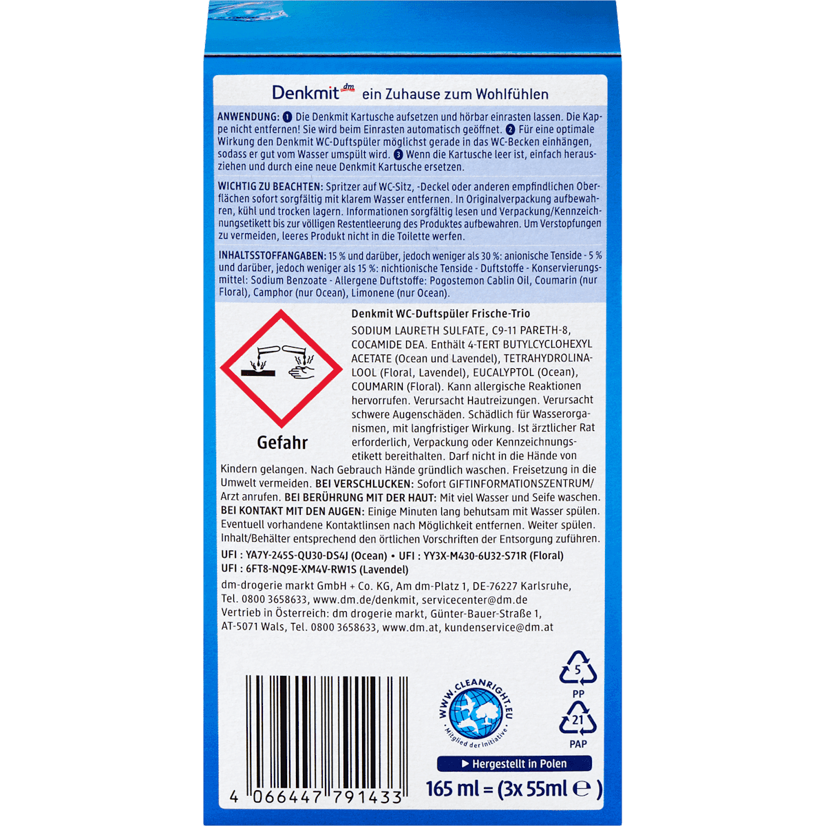 Denkmit Bloc WC parfumé fraîcheur Trio, 3 pièces (Denkmit WC Duftspüler Frische Trio, 3 St) — produit allemand authentique au Maroc