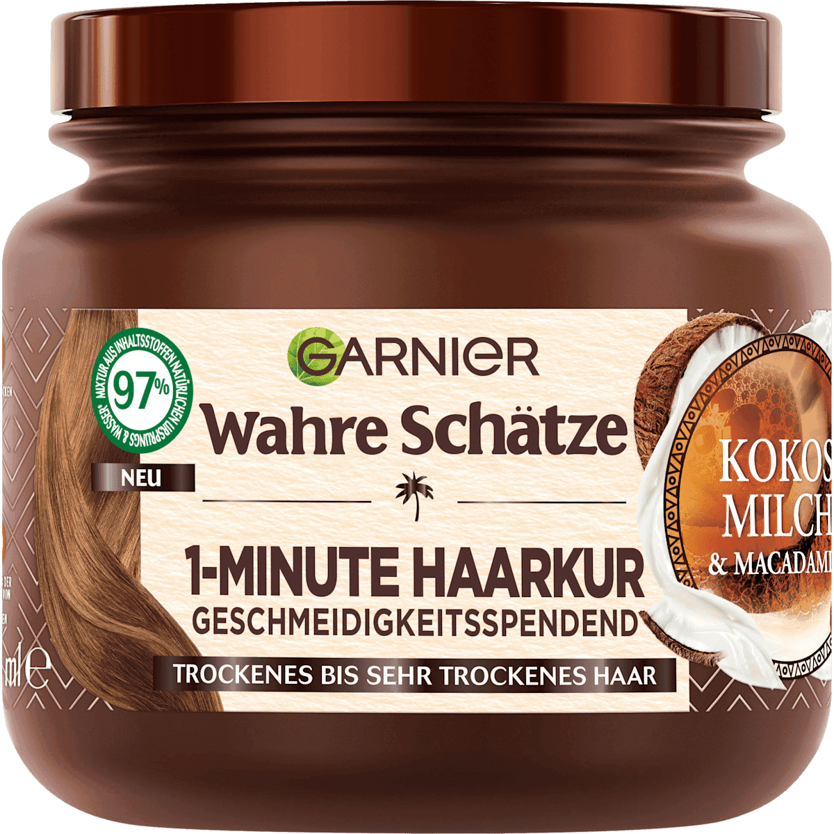 Wahre Schätze Masque cheveux 1-Minute lait de coco & Macadamia, 340 ml (Wahre Schätze Haarkur 1-Minute Kokosmilch & Macadamia, 340 ml) — produit allemand authentique au Maroc
