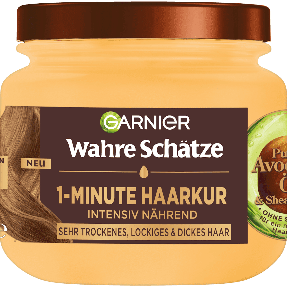 Wahre Schätze Masque cheveux 1-Minute Avocado-huile & beurre de karité, 340 ml (Wahre Schätze Haarkur 1-Minute Avocado-Öl & Sheabutter, 340 ml) — منتج ألماني أصلي في المغرب