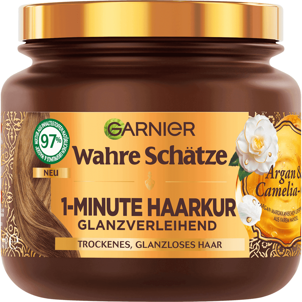 Wahre Schätze Masque cheveux 1-Minute Argan & Camelia-huile, 340 ml (Wahre Schätze Haarkur 1-Minute Argan & Camelia-Öl, 340 ml) — produit allemand authentique au Maroc