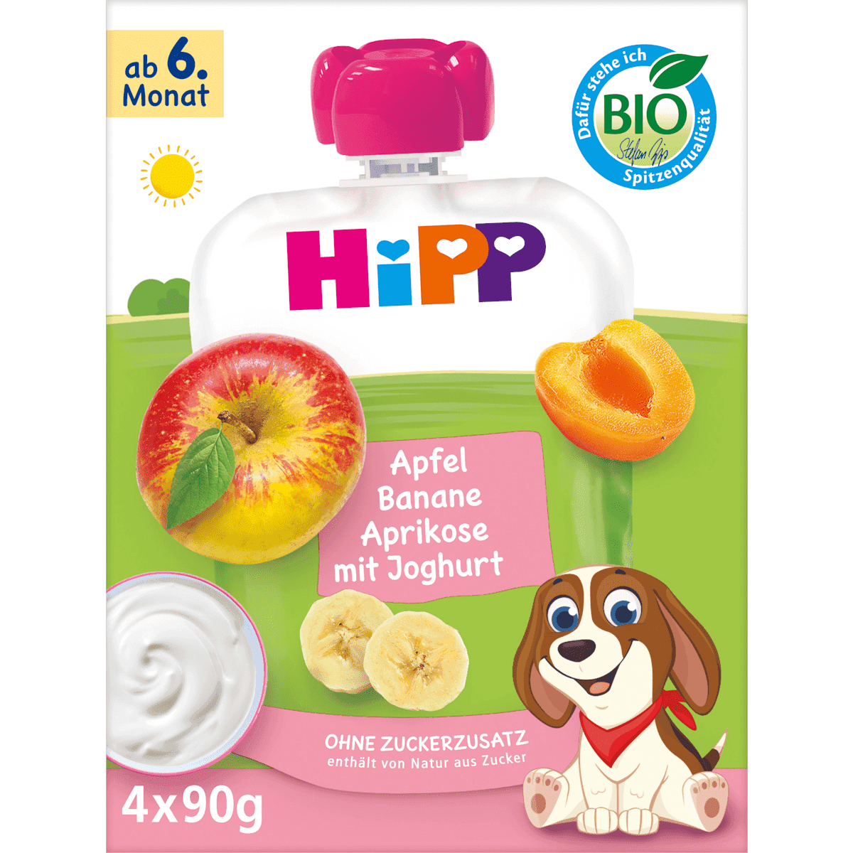HiPP Quetschie pomme Banane abricot avec Joghurt, dès 6 mois (4x90 g), 360 g (HiPP Quetschie Apfel Banane Aprikose mit Joghurt, ab 6. Monat (4x90 g), 360 g) — منتج ألماني أصلي في المغرب