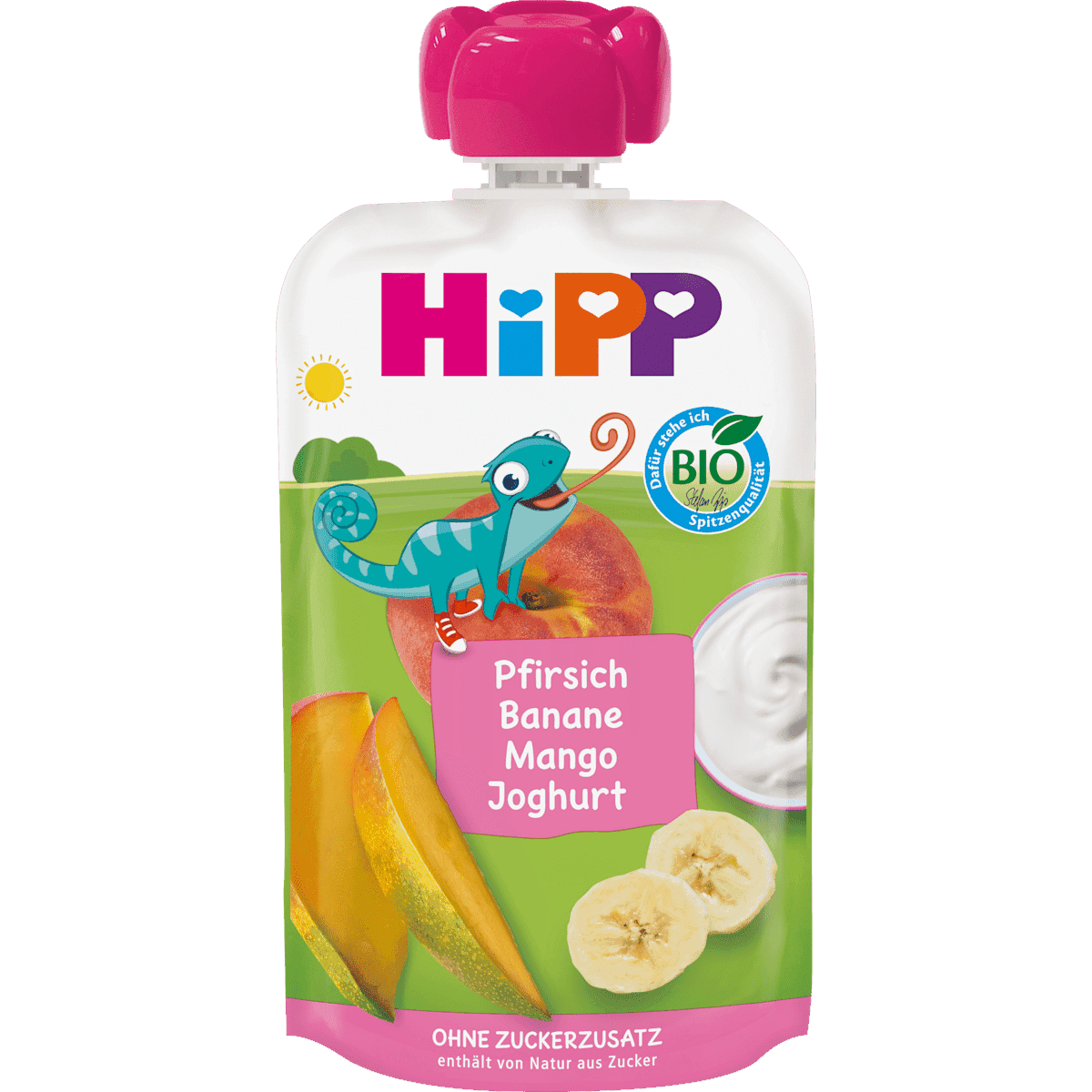 HiPP Quetschie Pfirsich Banane Mango avec Joghurt, dès 1 an, 100 g (HiPP Quetschie Pfirsich Banane Mango mit Joghurt, ab 1 Jahr, 100 g) — منتج ألماني أصلي في المغرب