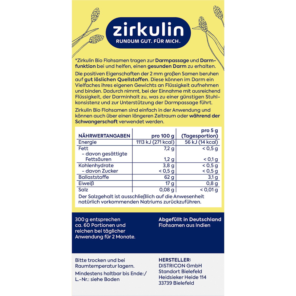 Zirkulin Flohsamen Indisch, 300 g — produit allemand authentique au Maroc