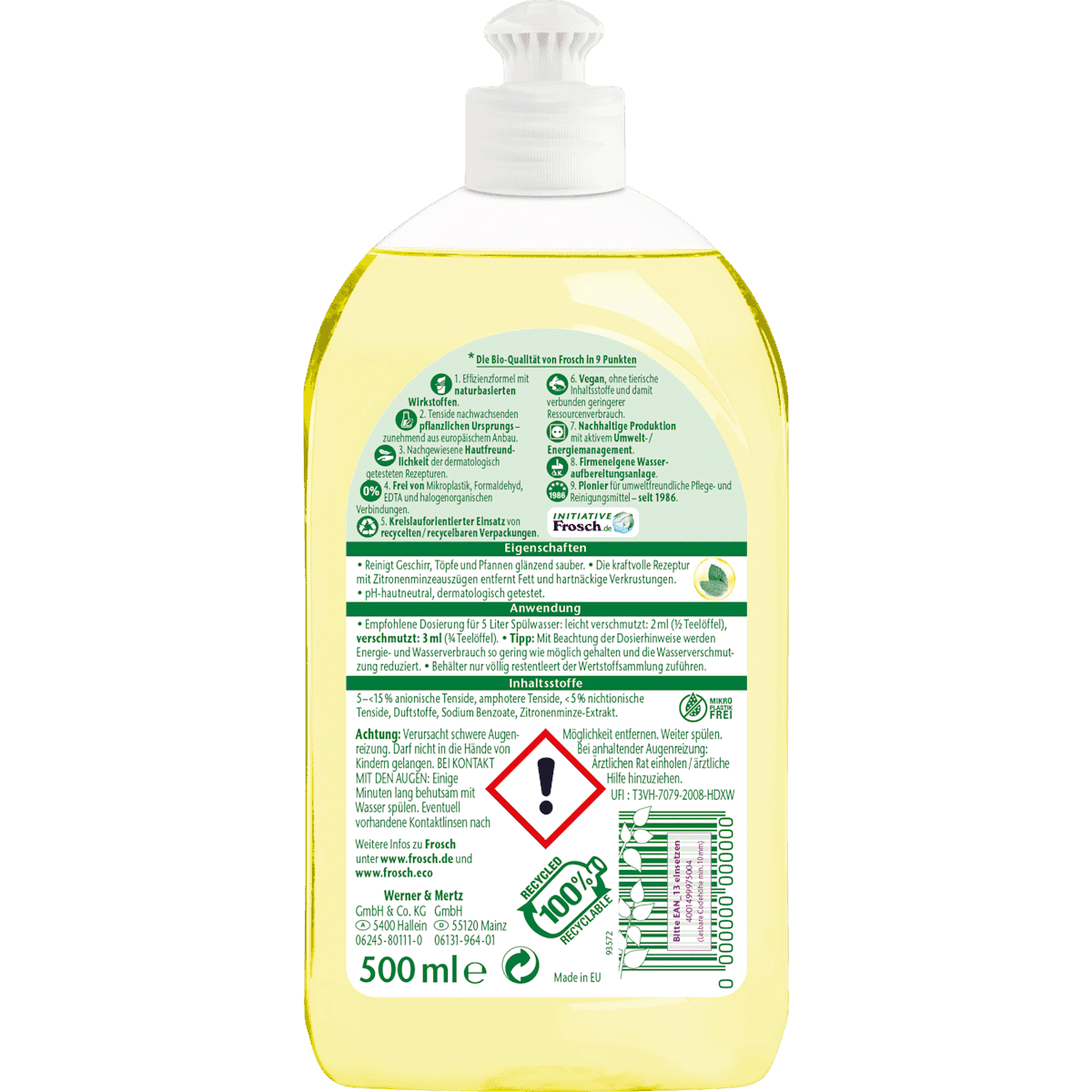 Frosch Liquid dishes lemon-mint, 500 ml (Frosch Spülmittel Zitronenminze, 500 ml) — authentic German product in Morocco