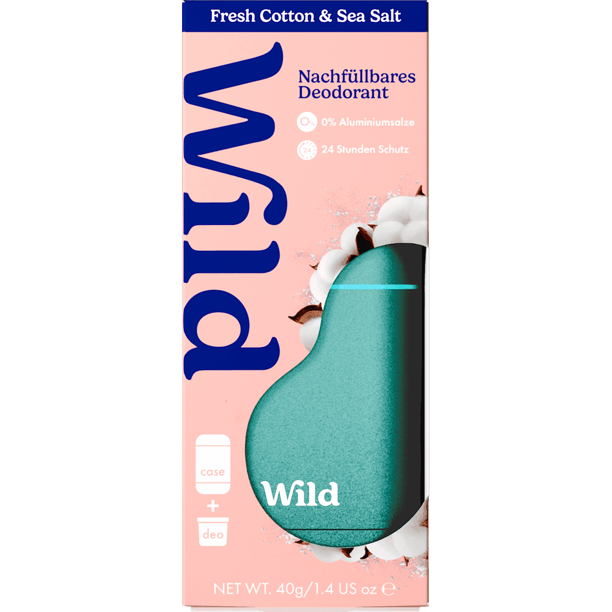 Wild Déodorant stick Fresh Cotton & Sea Salt + recharge, 40 g (Wild Deostick Fresh Cotton & Sea Salt + Nachfüllpack, 40 g) — produit allemand authentique au Maroc