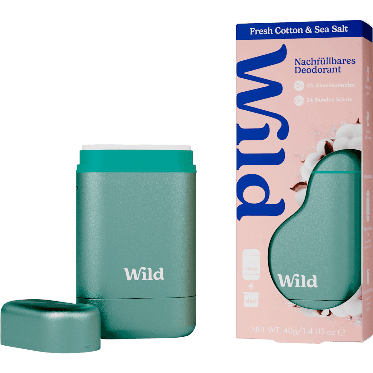 Wild Déodorant stick Fresh Cotton & Sea Salt + recharge, 40 g (Wild Deostick Fresh Cotton & Sea Salt + Nachfüllpack, 40 g) — produit allemand authentique au Maroc