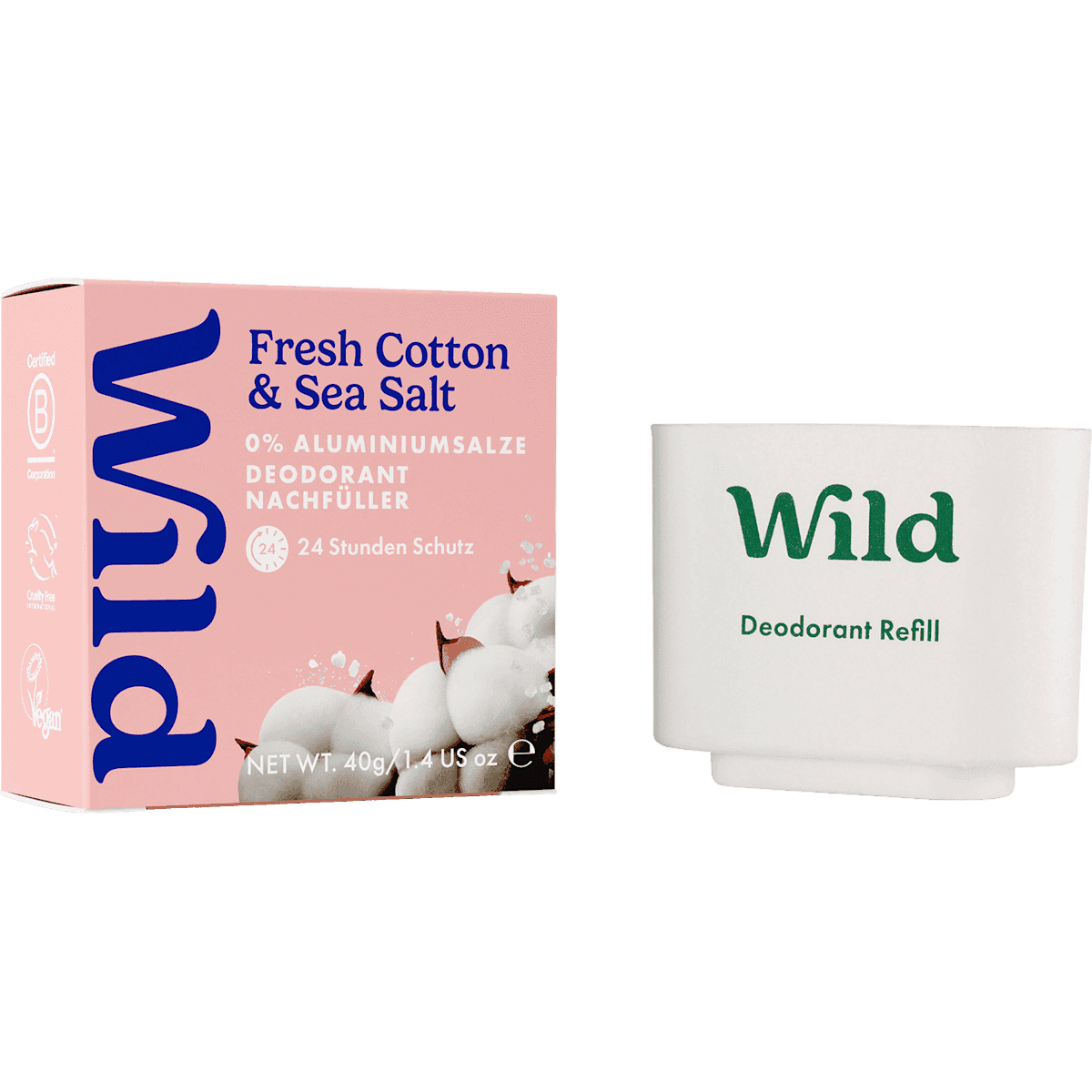 Wild Déodorant stick Fresh Cotton & Sea Salt recharge, 40 g (Wild Deostick Fresh Cotton & Sea Salt Nachfüllpack, 40 g) — produit allemand authentique au Maroc